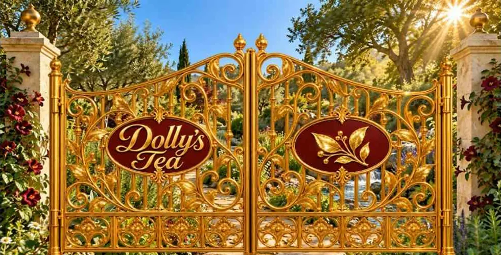 Golden Dolly's Tea gates in a sunlit garden